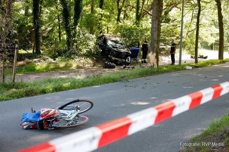 Automobilist schrikt van fietsster en botst tegen boom, beide personen gewond